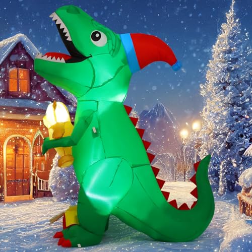 Christmas Dinosaur Inflatable Yard Decoration with LEDs, T Rex Holding Bear & Xmas Hat