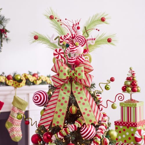 Christmas Tree Topper Set - Red & Green Whimsical Holiday Decor with Bow and Candy Canes - Novelty