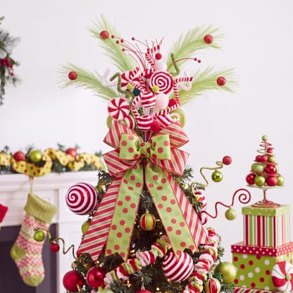 Christmas Tree Topper Set - Red & Green Whimsical Holiday Decor with Bow and Candy Canes - Novelty