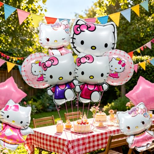Pink Hello Cat Birthday Balloons - 10 Pack Foil Party Decorations