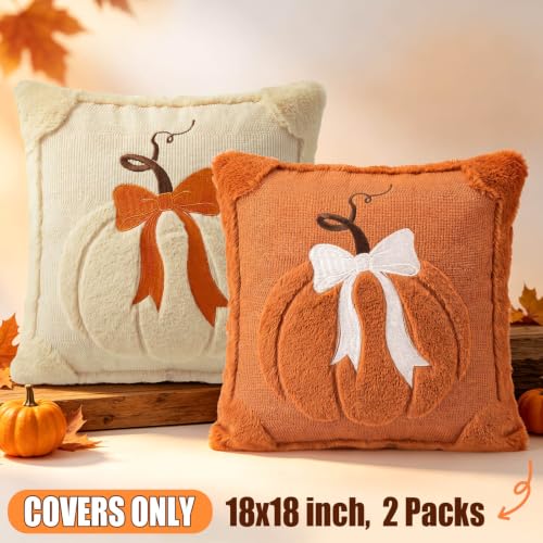 Beige & Dark Rust Fall Pumpkin Throw Pillow Covers 18x18 Set of 2