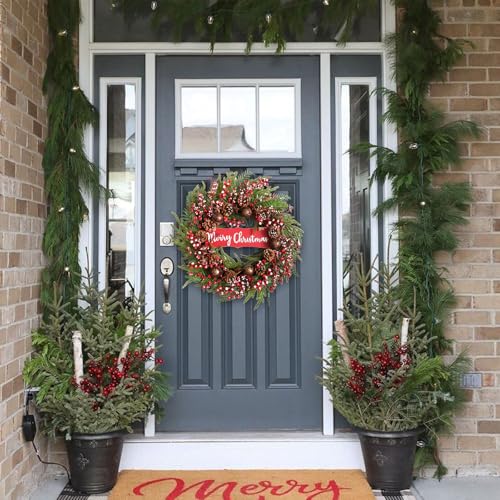 24 Inch Artificial Christmas Wreath Winter Front Door Decor with Pine Cones & Bells