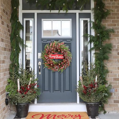 24 Inch Artificial Christmas Wreath Winter Front Door Decor with Pine Cones & Bells
