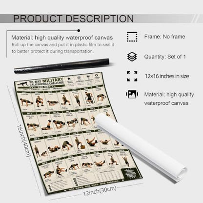 Military Workout Poster for Men 28 Day Calisthenics Challenge Unframed 12x16in Full Body Fitness Wall Art