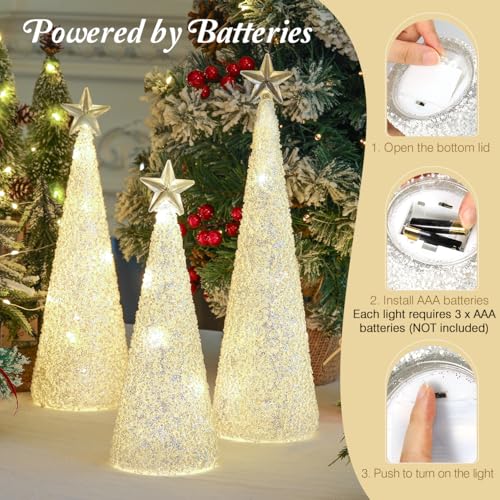 Lewondr LED Glass Christmas Tree Set - White Glitter Beads, 3PCS Variation White
