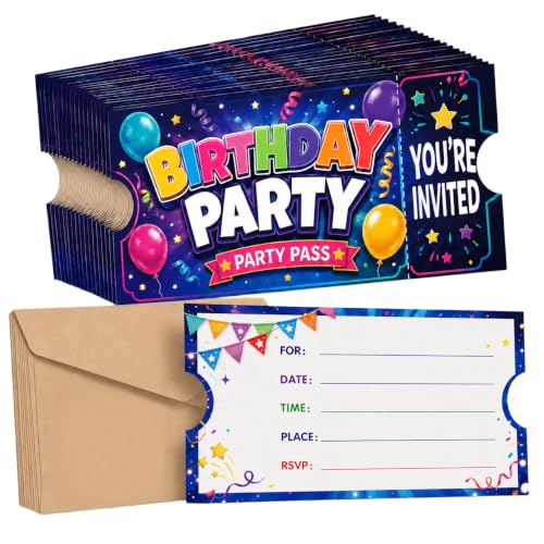 30 Pack Tear-Off Ticket Birthday Invitations with Envelopes - Colorful Party Passes