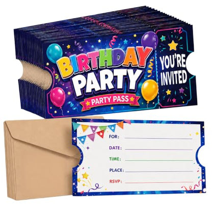 30 Pack Tear-Off Ticket Birthday Invitations with Envelopes - Colorful Party Passes