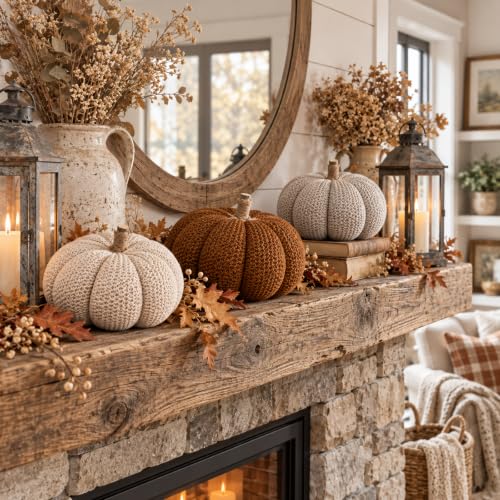 Chenille Pumpkins Set of 3 Large Handmade Fall Decor - Rustic Thanksgiving