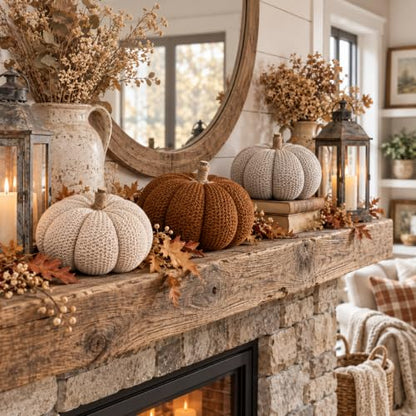Chenille Pumpkins Set of 3 Large Handmade Fall Decor - Rustic Thanksgiving