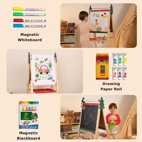 Kids Art Easel with Paper Roll & Magnetic Whiteboard - Red Christmas Tree