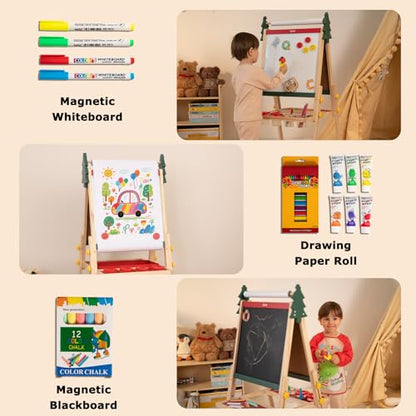 Kids Art Easel with Paper Roll & Magnetic Whiteboard - Red Christmas Tree