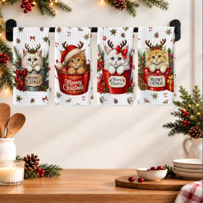 4 Pcs Reusable Cat Christmas Kitchen Towels - Cute Holiday Hand Towels, Multi 1834