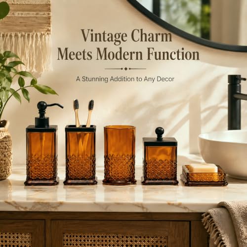 Amber Glass Bathroom Accessory Set - 5-Piece Vintage Style Accessories