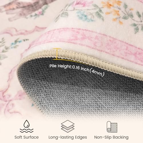 Pink Floral Cat Rug 4x6 ft - Washable Non-Slip Area Rug for Girls Bedroom & Nursery - Pink & White Vintage Design