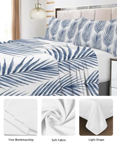 King Size Flat Sheet Navy Blue with Palm Leaves - 105x98 Microfiber Bedding