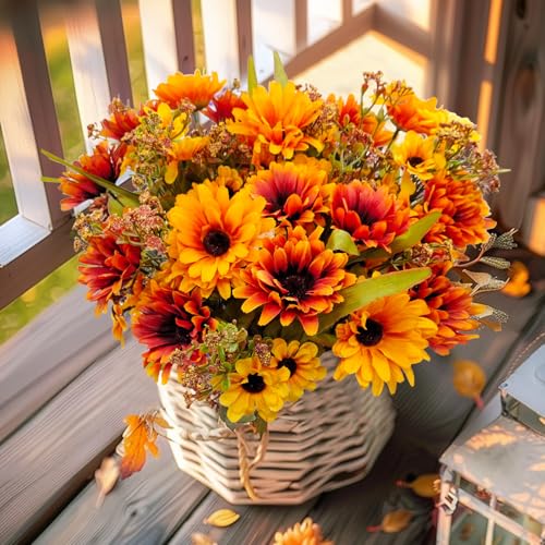 Artificial Fall Flowers for Decoration - Orange Faux Mums, 4 Bundles Outdoor