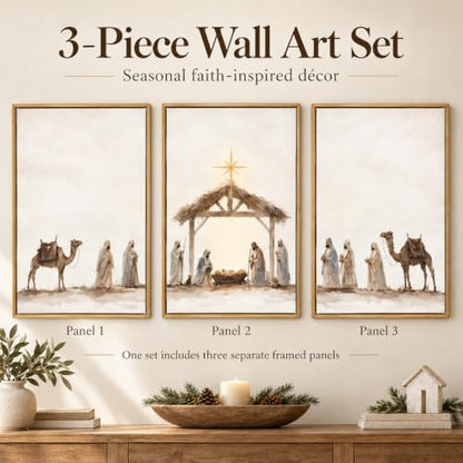 3-Piece Nativity Wall Art Set - Framed Religious Decor, 24 x 36 in Wheat Cocoa