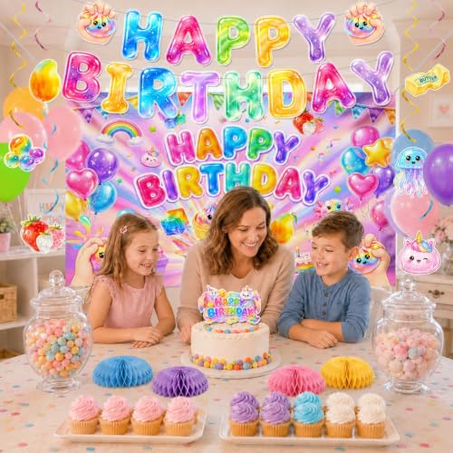 46Pcs Squishy Dumpling Birthday Decorations Party Kit - Balloon Banner Cake Toppers