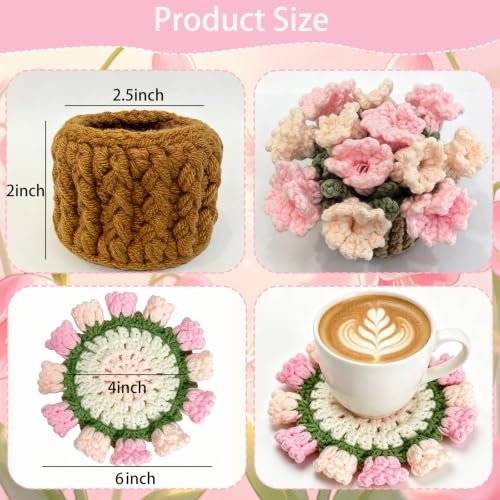 Pink Crochet Flower Coaster Set with Storage Basket - Handmade Home Decor