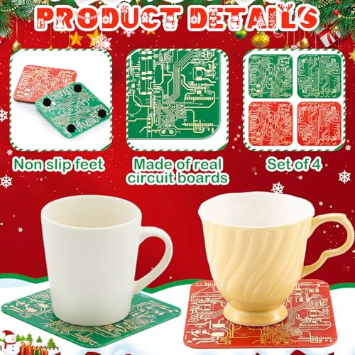 Christmas Circuit Board Coasters Set - Red & Green, 4-Pack - Tech Enthusiast Gift