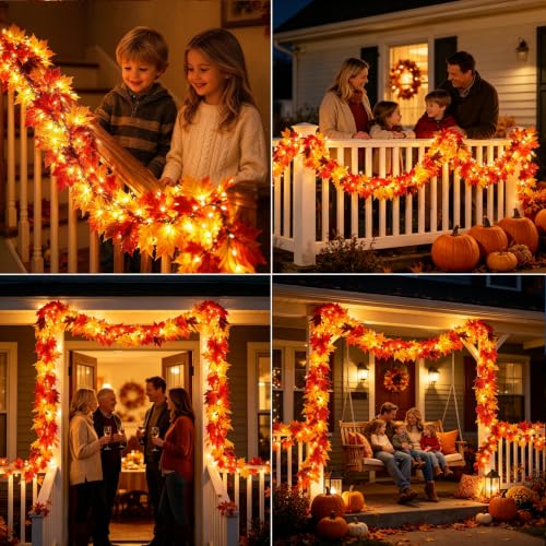 9FT Fall Garland with Lights - Large Maple Leaves & Orange Bulbs for Indoor Outdoor Decor