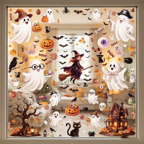 8 Sheets 157 Pcs Halloween Window Clings Decor - Ghost Pumpkin Bat Skull Web Stickers