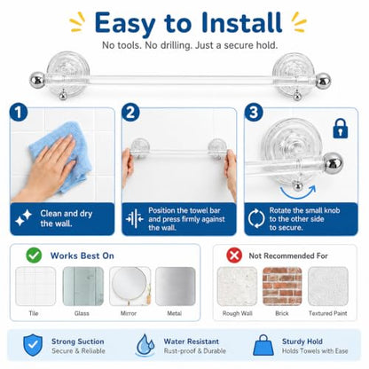 Transparent 16-Inch Suction Cup Towel Bar Set - No Drills, 2 Pack