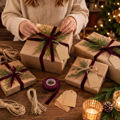 Holiday Gift Packaging Set with Pine Picks Ribbon Tags - Wine Red