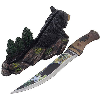 Decorative Black Bear Hunting Knife with Display Stand for Rustic Cabin Decor