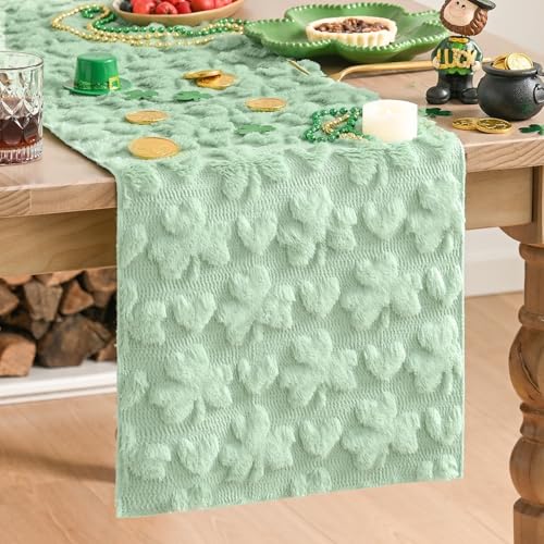 Sage Green Faux Fur Heart Clover Table Runner 13x90 Inch Seasonal Home Decor