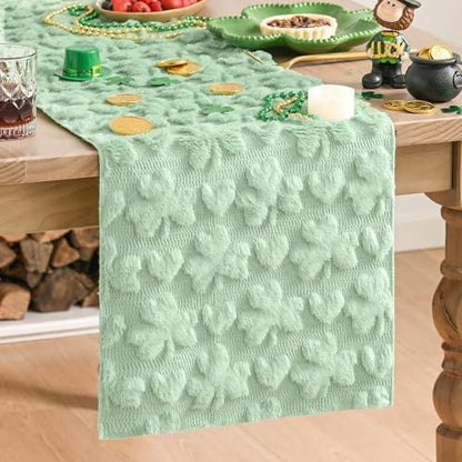 Sage Green Faux Fur Heart Clover Table Runner 13x90 Inch Seasonal Home Decor