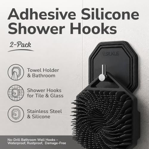 Black Silicone Shower Hooks 2-Pack - Waterproof Adhesive Towel Hooks for Bathroom
