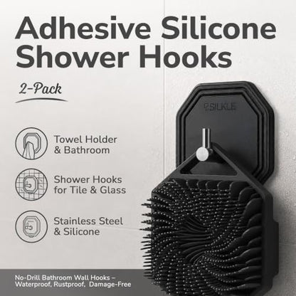 Black Silicone Shower Hooks 2-Pack - Waterproof Adhesive Towel Hooks for Bathroom