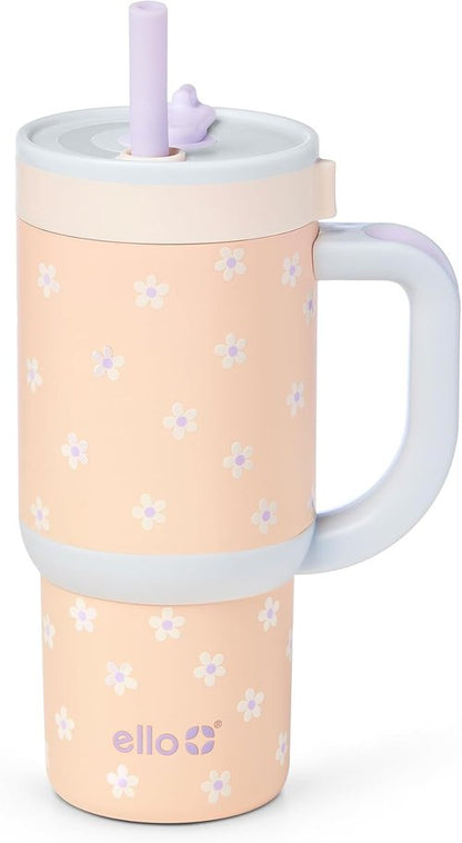 Ello Oasis 14oz Stainless Steel Tumbler - Vibrant Orange Daisies Design for On-the-Go Enjoyment