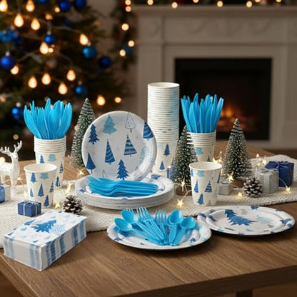 Pickmesh 400 Pcs Blue Silver Christmas Party Plates Cups Napkins Cutlery Set for 50 Guests