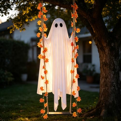 Outdoor Halloween Ghost Decor with String Lights, 4.4ft Spooky Ghost Swing