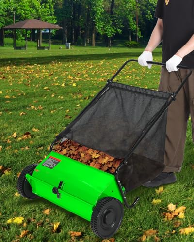 Push Lawn Sweeper 26-Inch Green with 7 Cu.Ft Hopper & Adjustable Brush