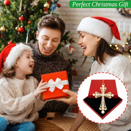 Cross2 Christian Christmas Metal Ornament with Rhinestones - Holiday Keepsake, Red Ribbon Gift Box