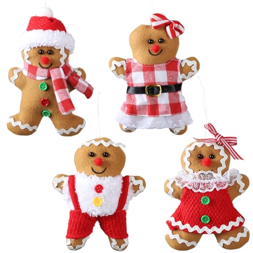Gingerbread Man Ornaments Set - 4 Christmas Tree Decorations, 5.7 Inch & 6.8 Inch Tall, Holiday Decor