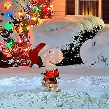 Pre-Lit Peanuts Snoopy Santa Christmas Yard Decoration - 24 Inch Outdoor Indoor Holiday Ornament with Lights and Stand