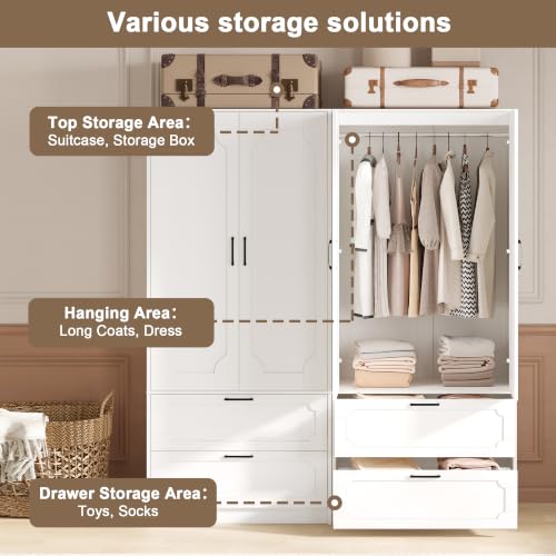 White 71'' H Armoire Wardrobe Closet with 2 Doors & 2 Drawers