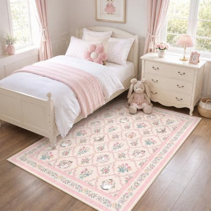 Pink Floral Cat Rug 4x6 ft - Washable Non-Slip Area Rug for Girls Bedroom & Nursery - Pink & White Vintage Design