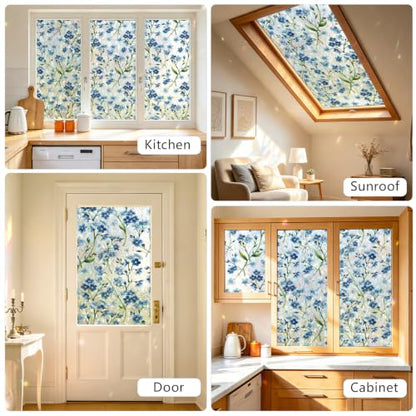 Stained Glass Window Privacy Film Blue 17.7 x 78.7 in - Vintage Floral Pattern