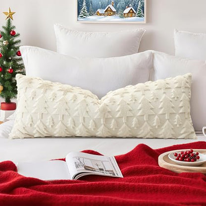 Christmas Throw Pillow Cover 14x36 Inch Faux Fur Wool Tree Design Cream Beige