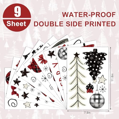 Merry Christmas Window Clings Set - Red Black Plaid Holiday Decor - 9 Sheets, 7.9 x 11.8 Inch - Double-Sided Christmas Stickers - Festive Home & Party Decorations - Variation of This Listing