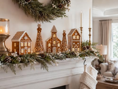 Gingerbread Christmas Decorations Set with Tea Lights - Ceramic Village Scene, Holiday Home Decor