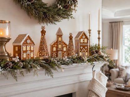 Gingerbread Christmas Decorations Set with Tea Lights - Ceramic Village Scene, Holiday Home Decor