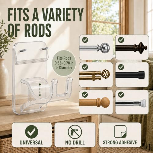 Transparent No Drill Curtain Rod Brackets - 8 Pack Self-Adhesive & Nailing Support