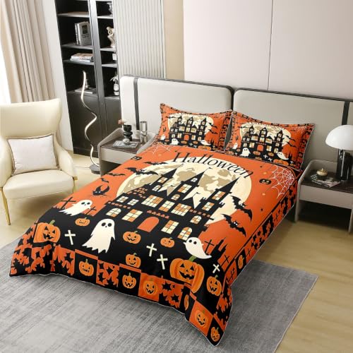 Halloween Haunted House Duvet Cover Set - King Size Cotton Bedding with Ghost Design, Orange Black Variation