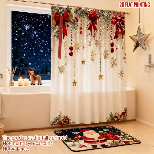 Christmas Window Curtains Set - Red Bows Snowflakes Pine Branches 75x166cm Variation of THIS listing